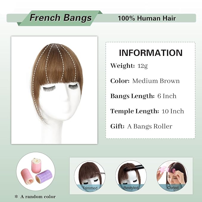 NAYOO Bangs Hair Clip - Medium Brown Fake Bangs 100% Real Human Hair Extensions French Bangs for Women Fringe with Temples Hairpieces