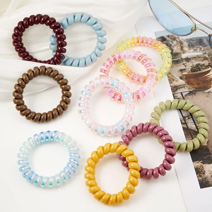 Dazzle Spiral Hair Ties (Colorful, 8 Pcs) - Coil Plastic Spiral Ponytail Holders for Thick Hair, No Crease Phone Cord Ties for All Hair Types