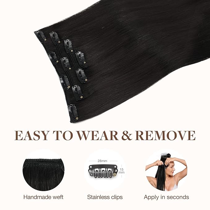 GOO GOO Clip in Hair Extensions Real Human Hair, Remy Human Hair Extensions Clip ins for Women, Natural Human Hair, 16inch 65g 4Pcs, 1B Natural black