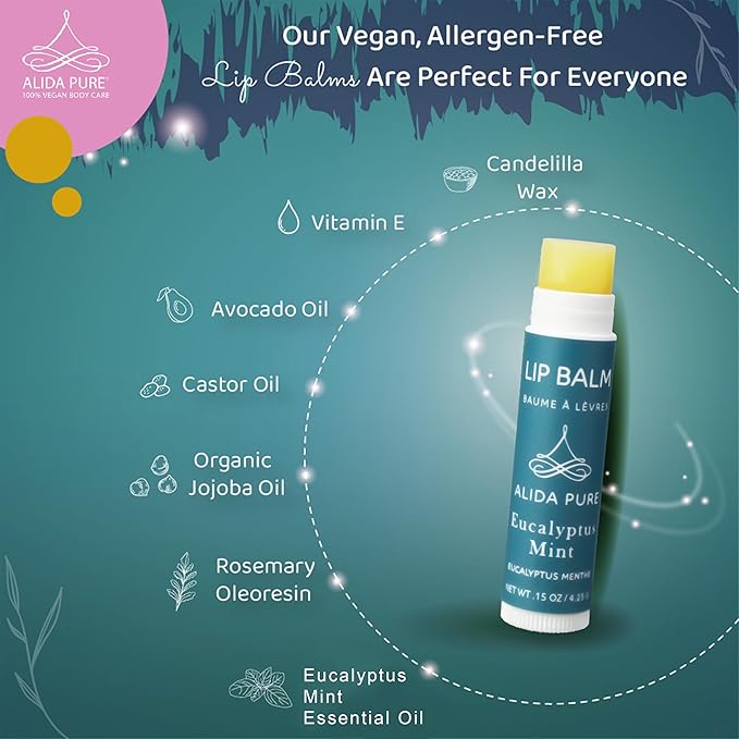 Eucalyptus Mint Lip Balm Collection, Vegan Lip Balm Set, Beeswax Free, with Avocado Oil, Organic Jojoba Oil, and Vitamin E, Natural Moisturizer for Dry, Chapped Lips, 3 Tube Set