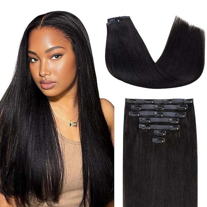 Lashey Seamless Clip in Hair Extensions Human Hair #1 Jet Black Light Yaki Straight Clip in Hair Extensions Real Human Hair 7pcs 110g 22 Inch PU Weft Natural Hair Extension for Women