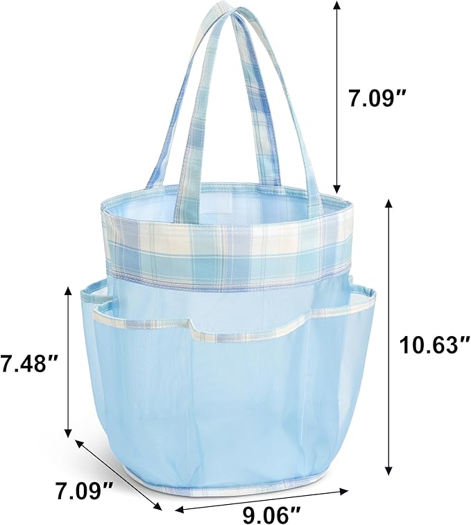 Mesh Shower Caddy Portable, Bathroom Caddy Organizer for College Dorm Essentials, Hanging Shower Tote Bag with 7 Pockets for Beach, Swimming, Gym camping Blue Checkered