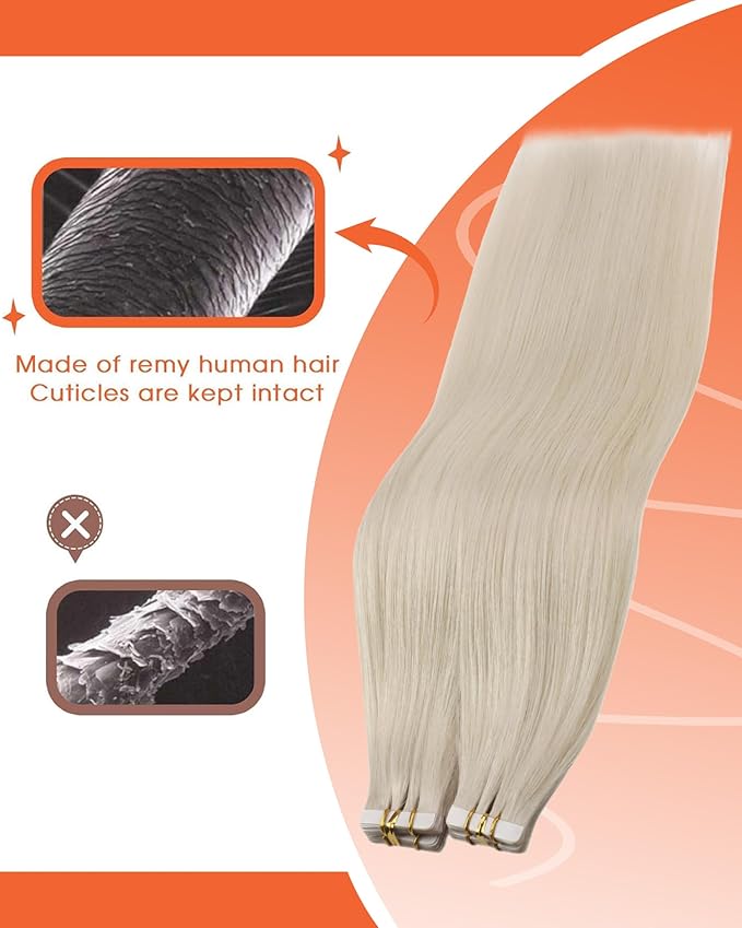 Sunny Hair Tape in Hair Extensions Real Human Hair Invisible Remy Hair Extensions Tape ins for Women White Blonde 18 inch 25G