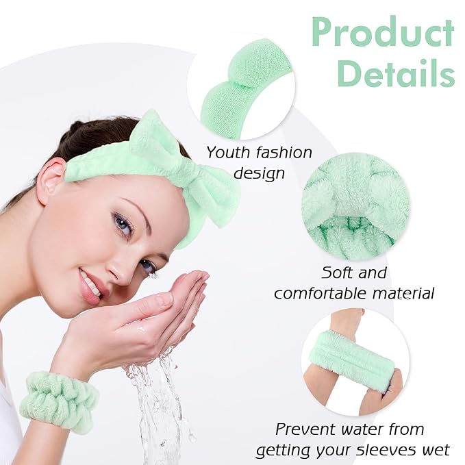 Zkptops 6Pcs Spa Headband for Washing Face Wristbands Set Women Bubble Skincare Makeup Sponge Terry Cloth Padded Puffy Headband Bow Tie Hairband Cute Non Slip Thick Hair Accessory Gifts (Light Green)