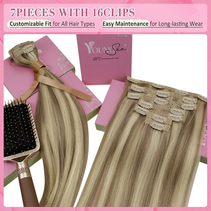 YoungSee Clip in Hair Extensions Real Human Hair Highlight Human Hair Extensions clip ins Light Brown Highlights with Blonde Clip in Hair Extensions Human Hair Silky Remy Hair 18In 120G 7Pcs