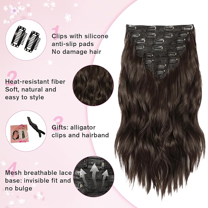 Hair Extensions for Women, 8PCS 16 Inch Dark Brown Clip in Hair Extensions, Synthetic Long Wavy Hairpieces for Women Full Head Thick