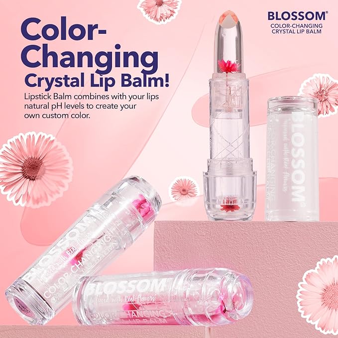 Blossom Moisturizing Custom Color Changing 2 pack, Strawberry Scented Crystal Lip Balm (Red), Shimmer Sparkle Lip Stain Tint (Blush), Infused with Real Flowers, 6g, Red/Blush