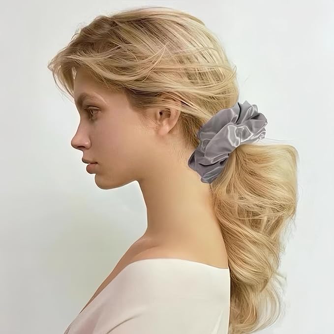 2PCS Extra Large Satin Scrunchies for Women Thick Hair - No Damage Hair Ties 6.3Inches Big Scrunchy Oversized Thick Elastic Hair Bands Ponytail Holders Jumbo Scrunchies (Black Silvergray)