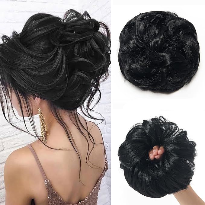 Large Messy Bun Hair Piece Curly Synthetic Extensions Scrunchies Fake Chignon Updo Hairpieces for Women Jet Black