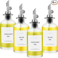 Olive Oil Dispenser Bottle - Includes 55 Kitchen Essential Labels - Cooking Oil Bottles for Kitchen, Coffee Syrup Dispenser - Pourer Spout with 11.8 fl oz Glass Container Cruet - 4pcs Silver