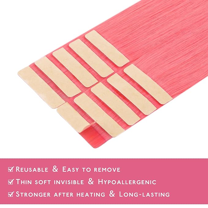 WENNALIFE Tape in Hair Extensions Human Hair Light Pink Tape in Extensions, 10pcs 25g 16 inch Remy Invisible Tape Ins Straight Colored Soft Real Human Hair Tape in Extensions Refill Set Extensions