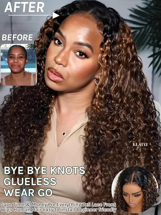 KLAIYI Ombre Brown Water Wave Bye Bye Knots Glueless Wig Human Hair Pre Cut 7x5 Lace Front Wigs Drawstring Pre Plucked Bleached Highlight Balayage Curly Ready to Wear and Go Wig with Dark Roots 24Inch