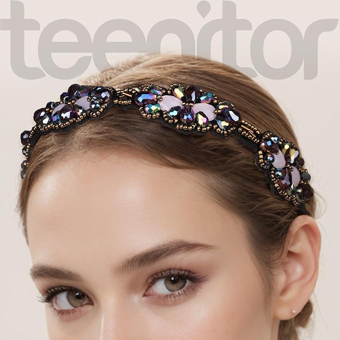 Teenitor 5pcs Elastic Beaded Headbands, Jewels Hairbands Hat Bands, Crystal Rhinestone Headband for Women Girls