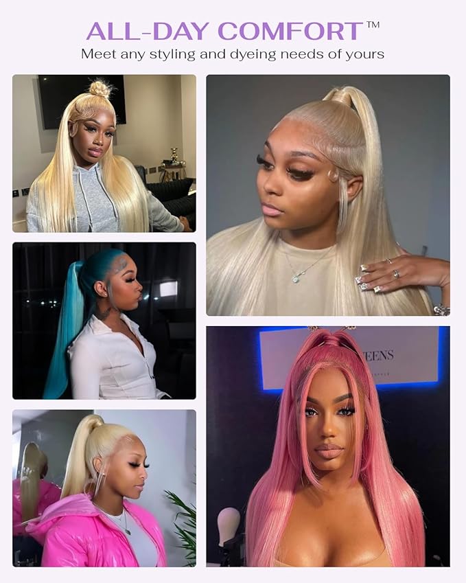 Hidden Strap Straight 360 613 Lace Front Wigs Human Hair Invisible Strap Pre Plucked 180% Density SALON-Quality Blonde Wig with Drawstring Glueless Wigs HD Full Lace Human Hair Wigs 22inch