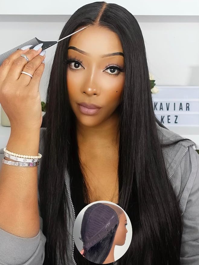 Julia Hair No Slip Yaki Straight 7x5 Lace Closure Glueless Drawstring Wig Flexible Mesh Cap Bye-Bye Slip Pre Cut HD Lace Front Pre Everything Bleached Knots Wear and Go Wig,Zero Slip Hold 26 Inch