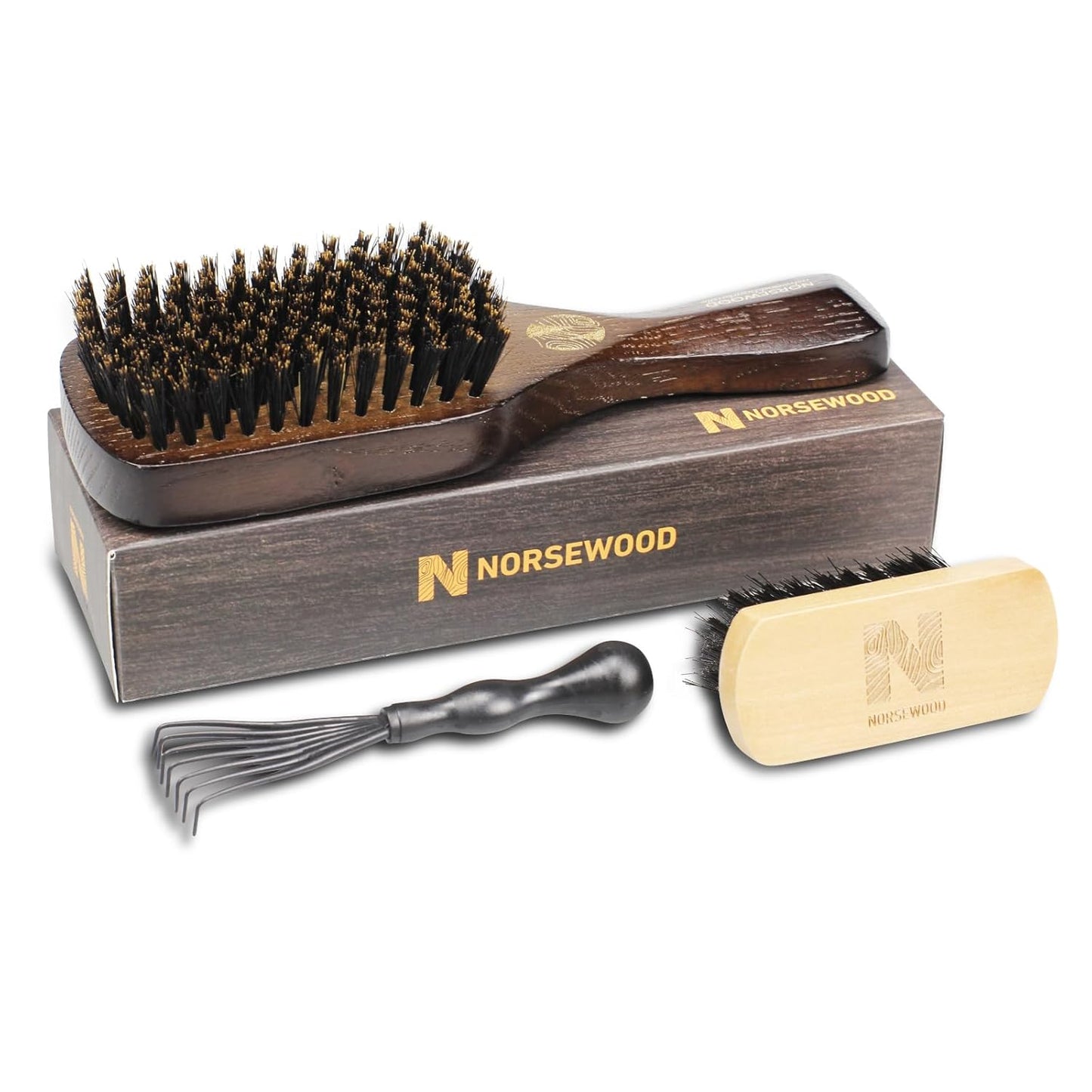 Boar Bristle Brush for Shine and Texture - Stiff Bristles for Medium Hair/Beards, Cleaning Brush Included