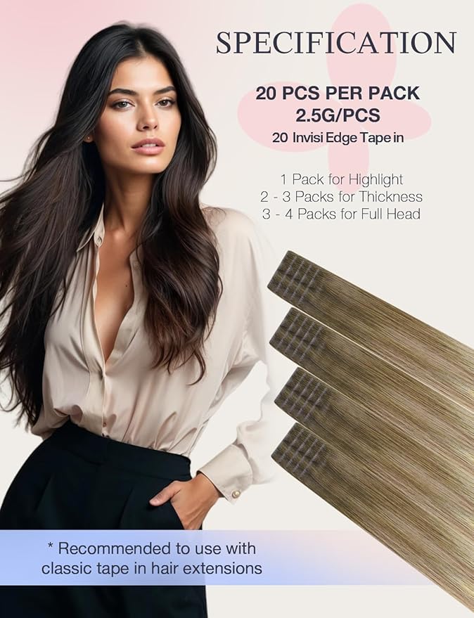DOORES Invisi Edge Human Hair Extensions, Walnut Brown to Ash Brown & Bleach Blonde, 10 Injection Tape-ins, 50g, 14 Inch