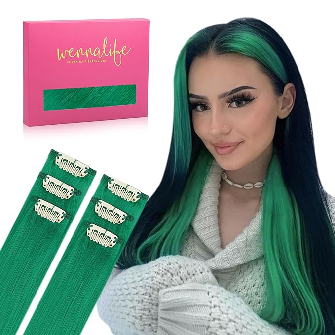 WENNALIFE Green Clip in Hair Extensions Real Human Hair 35g 6pcs 24 Inch Colored Hair Extensions for Kids Women Colorful Hair Pieces Pop-up Style Straight Extensiones De Cabello Humano Con Clip