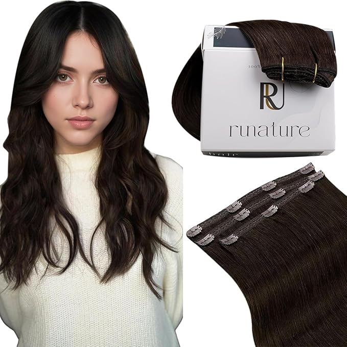 RUNATURE Clip in Hair Extensions Brown, Real Human Hair Clip in Extensions, Short Hair Extensions Clip Ins, Double Weft Remy Natural Hair, Can be Styled, 12 Inch 50g 3pcs #2 Dark Brown