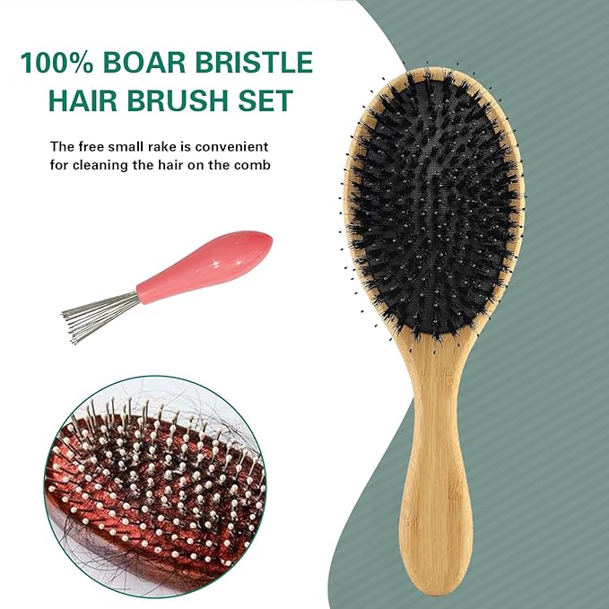 Boar Bristle Hair Brush,No Shampoo Hair Brush,Dry and Wet Detangling Gently Enhances Shine, Smooths Frizz and Prevents Breakage in Fine and Straight, Thick and Curly Hair