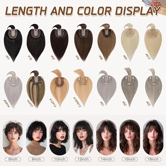 Rich Choices Real Human Hair Toppers for Women With Bang 100% Remy Human Hair Topper for Thinning Hair Clip in Silk Base Hair Topper 14 Inch Salt and Pepper G2 Silver