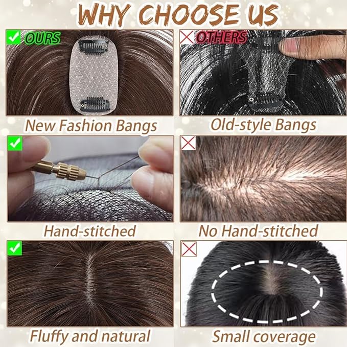 Amchoice Hair Toppers for Women Real Human Hair, Bangs Hair Clip 360° 3D Cover Bangs, Human Hair Toppers for Women Daily(Black, 3D Wispy Bangs (5 * 9))