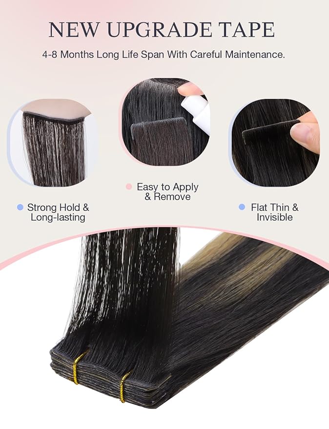 DOORES Invisi Edge Human Hair Extensions Tape in, Natural Black to Light Blonde 10 Injection Tape-ins with 10 Classic Tape-ins 50g 22 Inch, Injected Tape in Extensions Virgin Human Hair