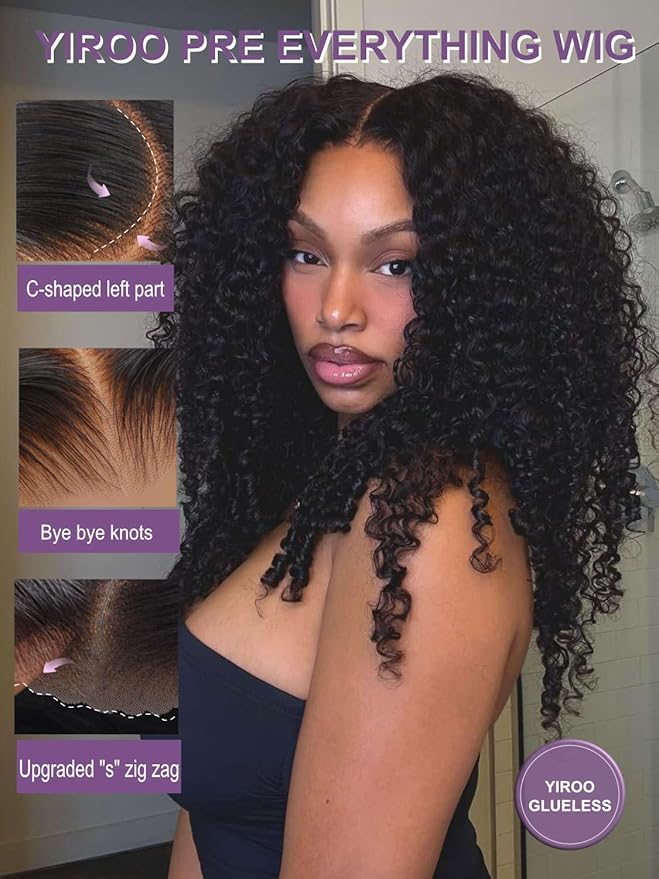 YIROO Burmese Bye Bye Knots Curly Wig Human Hair with Finger Coil Ends,Glueless Wig Human Hair Pre Plucked Pre Cut 7x5 Lace Front Wig Pre Bleached Wear and Go Beginner Friendly 150% Density 24Inch