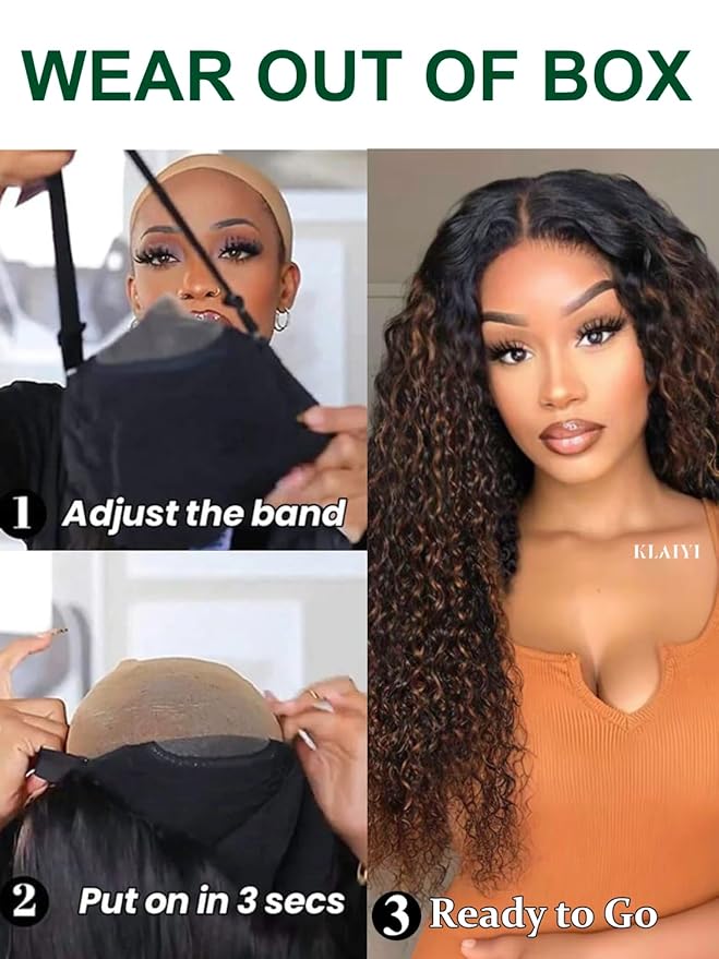 KLAIYI Ombre Brown Water Wave Bye Bye Knots Glueless Wig Human Hair Pre Cut 7x5 Lace Front Wigs Drawstring Pre Plucked Bleached Highlight Balayage Curly Ready to Wear and Go Wig with Dark Roots 26Inch