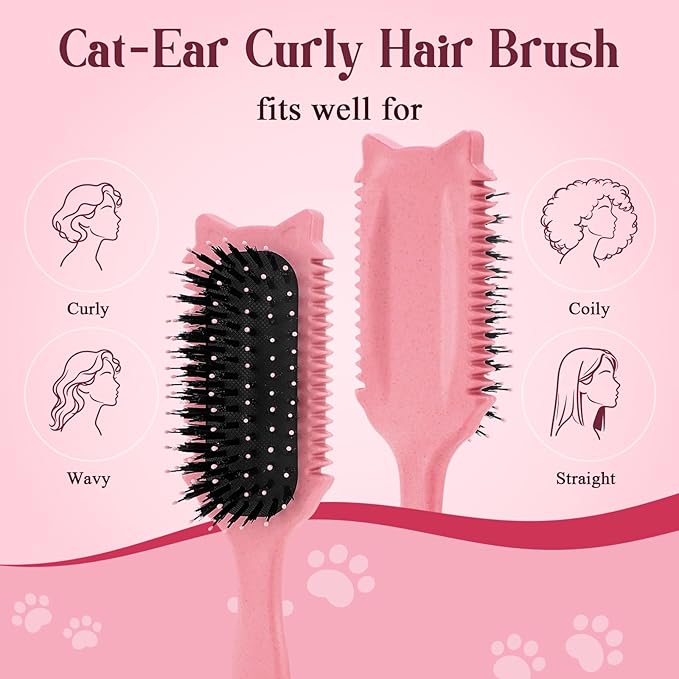 Curly Hair Brush, Curl Defining Brush for Effortless Curly Hair Care, Funny Cat Ear Type Curl Brush Suitable for Wet & Dry Hair,Women and Men,Reduces Frizz (Pink)