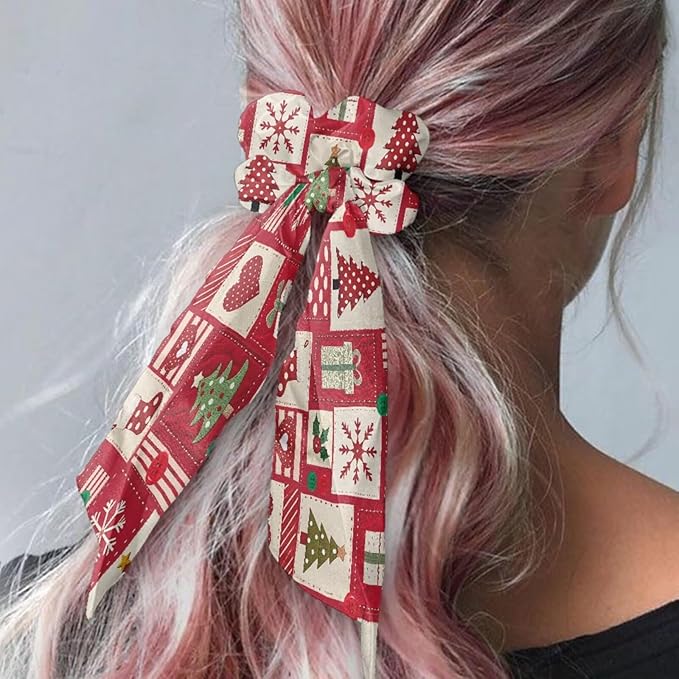 Red Plaid Hair Tie Ribbon Christmas Pack Of 2 Knotted Bow Hair Scrunchies Elastic Bow Hair Ties Lightweight Ponytail Holder for Women