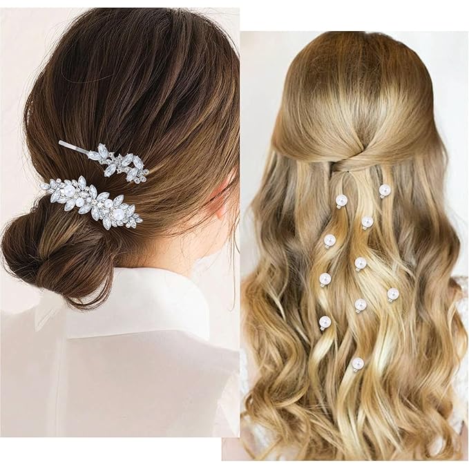 12 Pieces Rhinestone Hair Clips, Include 10 Pearl Mini Rhinestone Hair Pins, 2 Pieces Crystal Rhinestone Hair Clips Leaf Hair Pins Hair Accessories for Wedding, Party, Prom