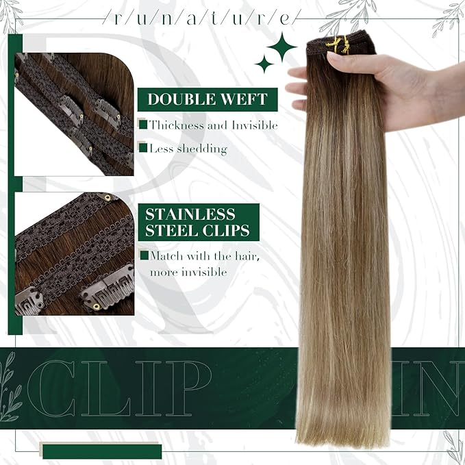 RUNATURE Clip in Hair Extensions Human Hair Balayage Clip in Human Hair Extensions for Women Soft Remy Natural Hair Straight 20 Inch 50g 3pcs #3/8/22 Walnut Brown to Blonde Balayage