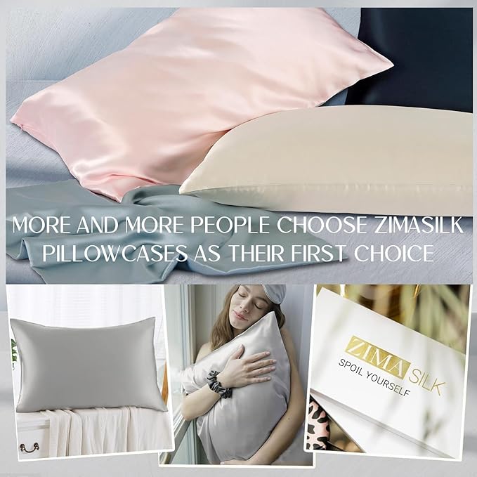 ZIMASILK 100% Pure Mulberry Silk Pillowcase 2 Pack, Soft and Smooth,Both Sides Premium Grade 6A Silk,600 Thread Count,with Hidden Zipper for Men and Women Family (Standard 20"x26", Gray)