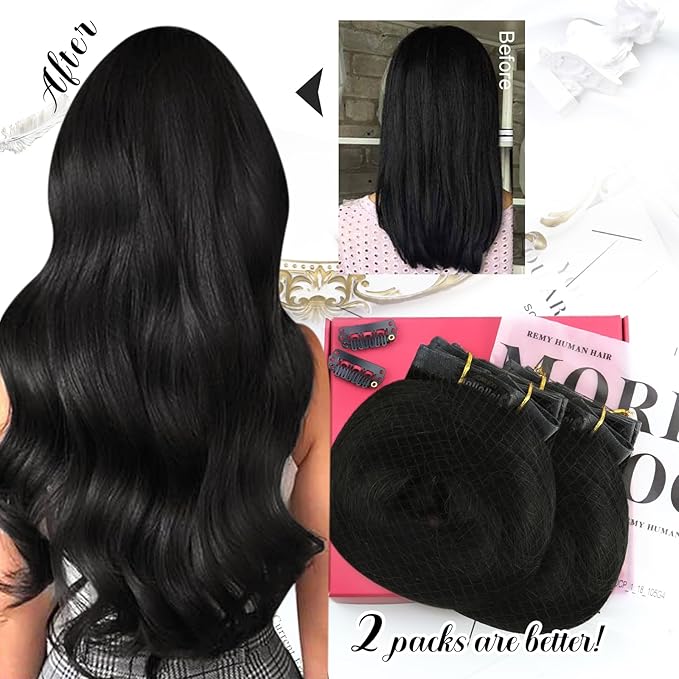 Moresoo Seamless Clip in Hair Extensions Real Human Hair Black Straight Can Be Curled Hair Extensions Clip ins Short 14inch Pure Skin Invisible Natural Black for Daily Use 120g/7pcsv