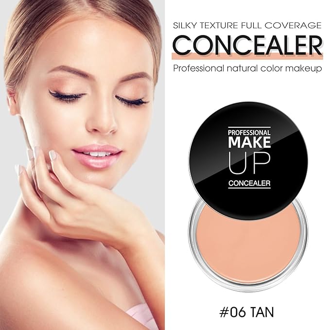 Cream Concealer Full Coverage Makeup, Matte Color Correcting Concealer with Brush, Waterproof, Conceals Blemish, Pores and Spots, Under Eye Makeup Concealer for Dark Circles (#06 TAN)