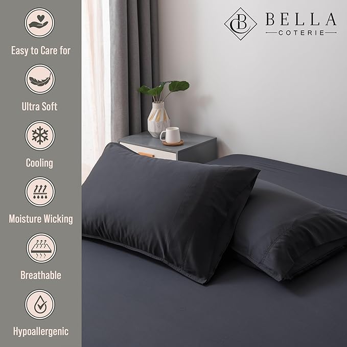 Bella Coterie | Luxury Bamboo Viscose King Size Pillowcase Set | 100% Organically Grown | Ultra Soft | Cooling | 2 Pcs [Black]