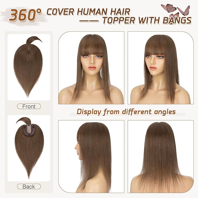 Rich Choices Real Human Hair Toppers for Women With Bang 100% Remy Human Hair Topper for Thinning Hair Clip in Silk Base Hair Topper 10 Inch #4R Chestnut Brown