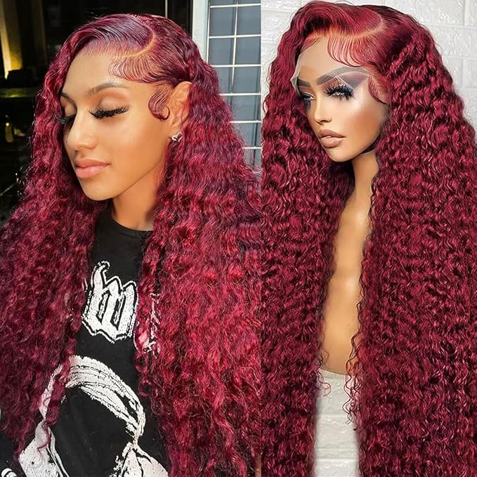BVLBVL 32 Inch 99j 13x6 HD Lace Front Wigs Human Hair 250% Density Deep Wave Lace Front Wigs Pre Plucked Burgundy Wig Human Hair Wet And Wavy No Tangle No Shedding Triple Lifespan 3x