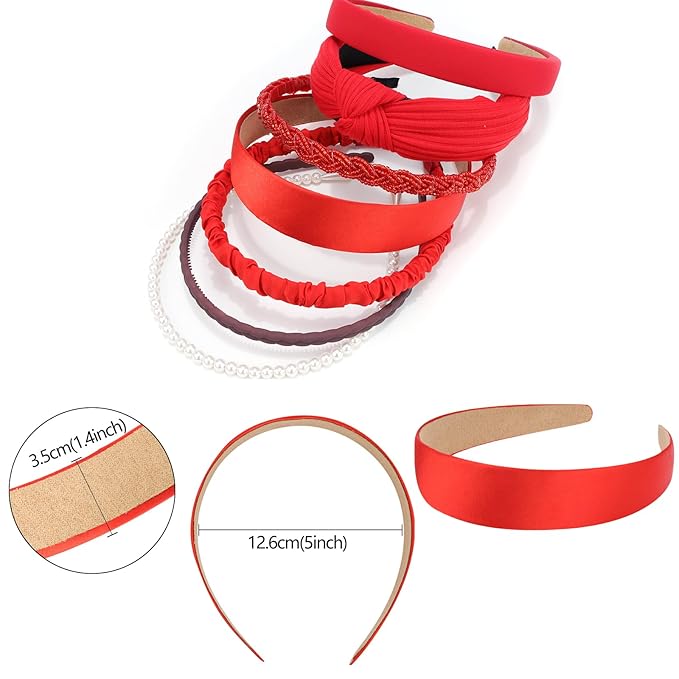 VELSCRUN Headbands for Women 7 Pcs Different Red Knotted Solid Pearl Head Bands Non Slip Hair Band for Womens Gilrs Thin Thick Short Hair Fashion Accessories