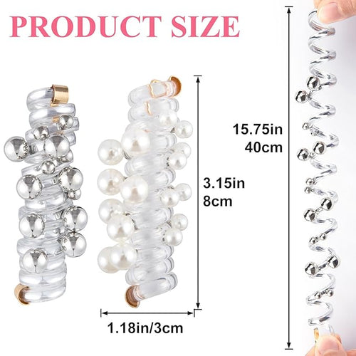 4PCS Bead Spiral Hair Ties, Artificial Pearl Bead Phone Cord Ponytail Holders for Women, Elegant Rubber Hair Coils, Stylish Hair Accessories for Party, Daily Use - White, Silver Bead