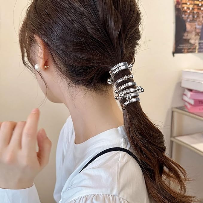 4PCS Bead Spiral Hair Ties, No Crease Pearl Bead Phone Cord Ponytail Holders for Women, Elastic Rubber Hair Coils, Vintage Hair Bands Accessories for Party, Daily Use - 4 Colors