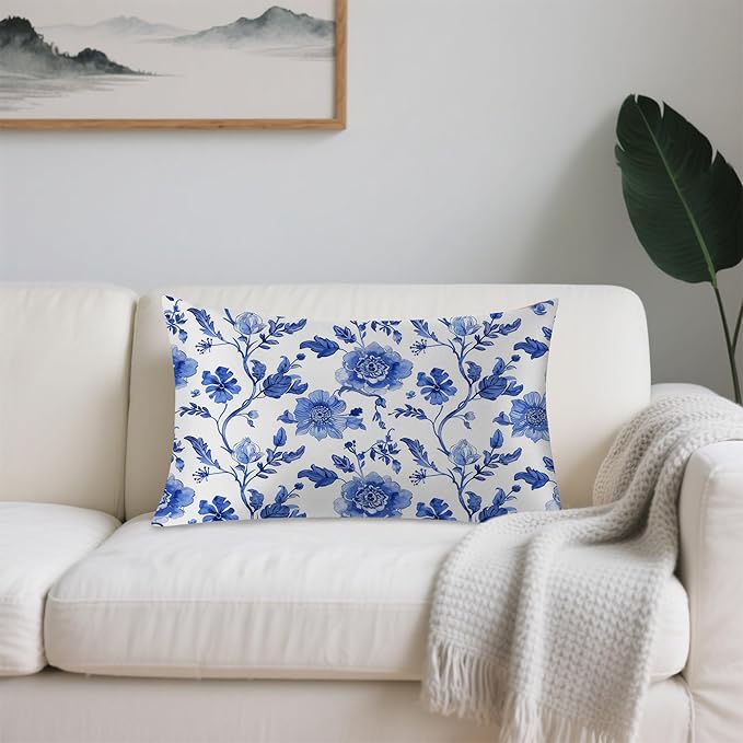 Vintage Blue Floral Satin Pillow Case Queen Size,Soft Pillowcases for Hair and Skin Similar to Silk,Pillowcases with Hidden Zipper Bedding Accessories,20X30 Inches,1 Pack