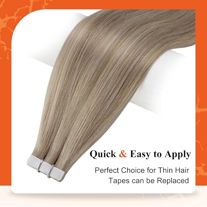 Full Shine Tape in Hair Extensions Human Hair Color 18 Ash Blonde Highlight 613 Blonde Seamless Real Remy Skin Weft 24Inch Thick Hair Extensions Add Length 20Pcs 50 Gram Invisible Brazilian Woman