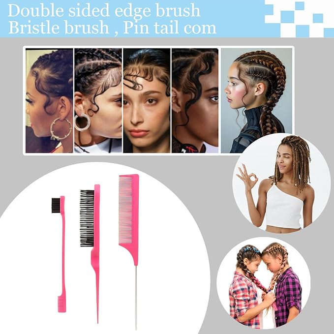 Curly Hair Brush,Curl Defining Brush plus 3 Pieces Hair Styling Comb Set(Slick Back Hair Brush,Rat Tail Comb,Edge Bristle Brush) Lightweight Vented for Combing, Shaping, Styling(Pink)