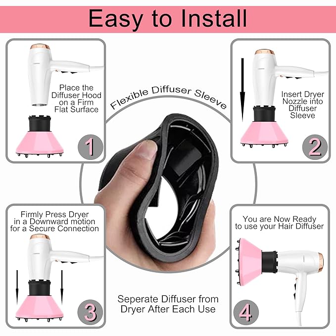 Universal Hair Diffuser Adaptable Hair Dryer Attachment for Blow Dryer Nozzles from 1.7 to 2.2 inch Diameter (Pink with Shampoo Brush)