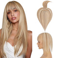 Hairro Mono Hair Toppers with Bangs, 3.4" x 3.4" Mono Base 100% Real Human Hairpieces for Women, 150% Density Clips In Topper for Greyish Thinning Hair, 12 Inch Golden Brown Mix Bleach Blonde