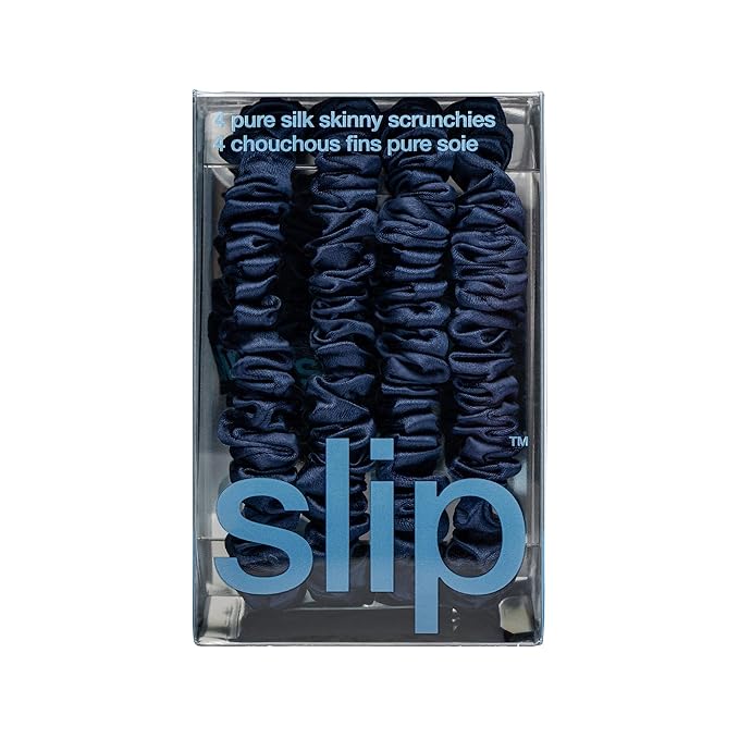 slip Skinny Scrunchies: Anti-Crease, Anti-Breakage Slipsilk™ Design Protects Delicate Hair | Includes 4 Pure Silk Scrunchies: Navy