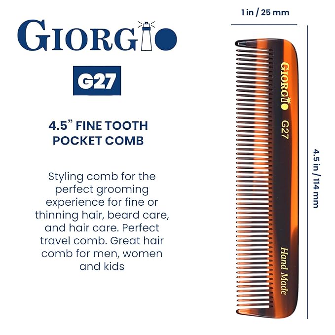 Giorgio G27 Handmade All Fine Tooth Pocket Comb, Hair Comb Straightener for Everyday Grooming Styling Hair, Mustache and Beard for Men Women and Kids, Saw Cut and Polished (Tortoiseshell)