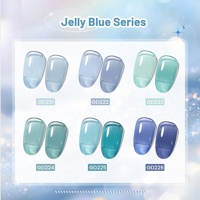 JODSONE 10ml 6 Colors Jelly Gel Nail Polish Set Ocean Blue Turquoise Gel Polish with Crystal Long Lasting All Seasons Need U V Lamp